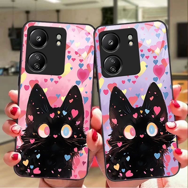 

Cute Little Cat Black For Xiaomi Redmi 13C Note13 12 Pro Plus 5G Note 9 13T Pro POCO X6 F5 F6 Black Tempered Glass Phone Case