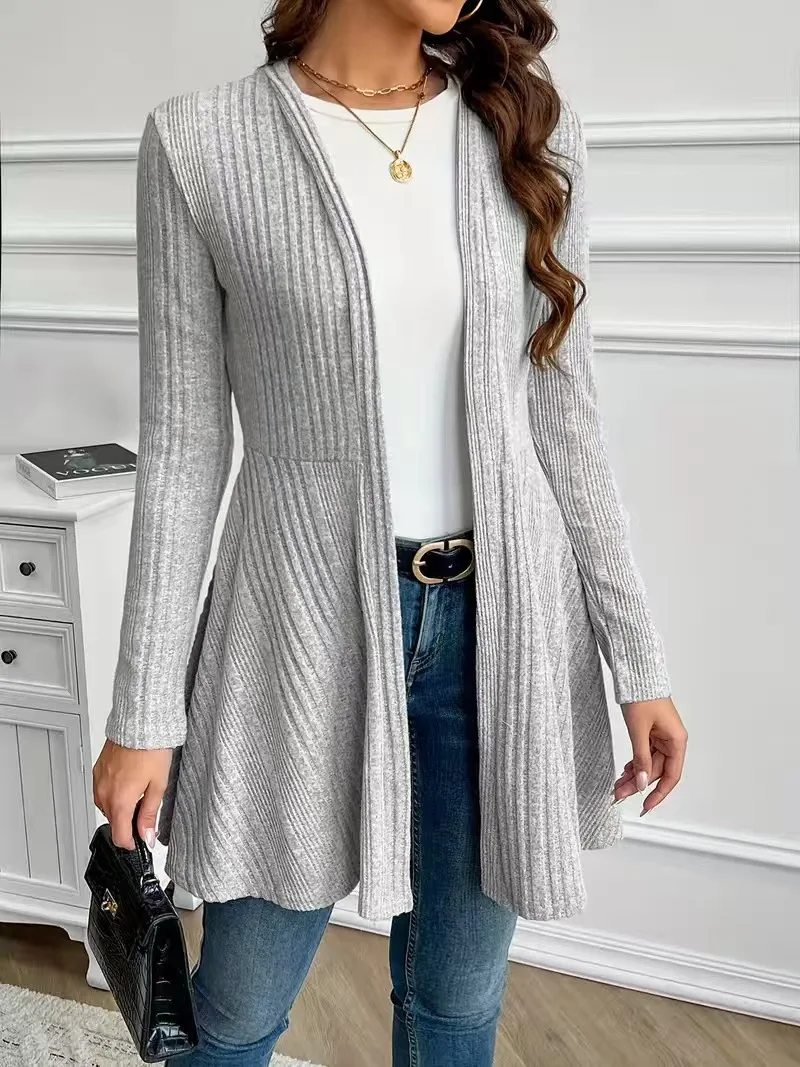 Schwarzer gerippter Strick-Cardigan für Damen, vorne offen, langärmlig, A-Linie, mittellang, lässige, lockere Oberbekleidung für Frühling und Herbst – Detail 9