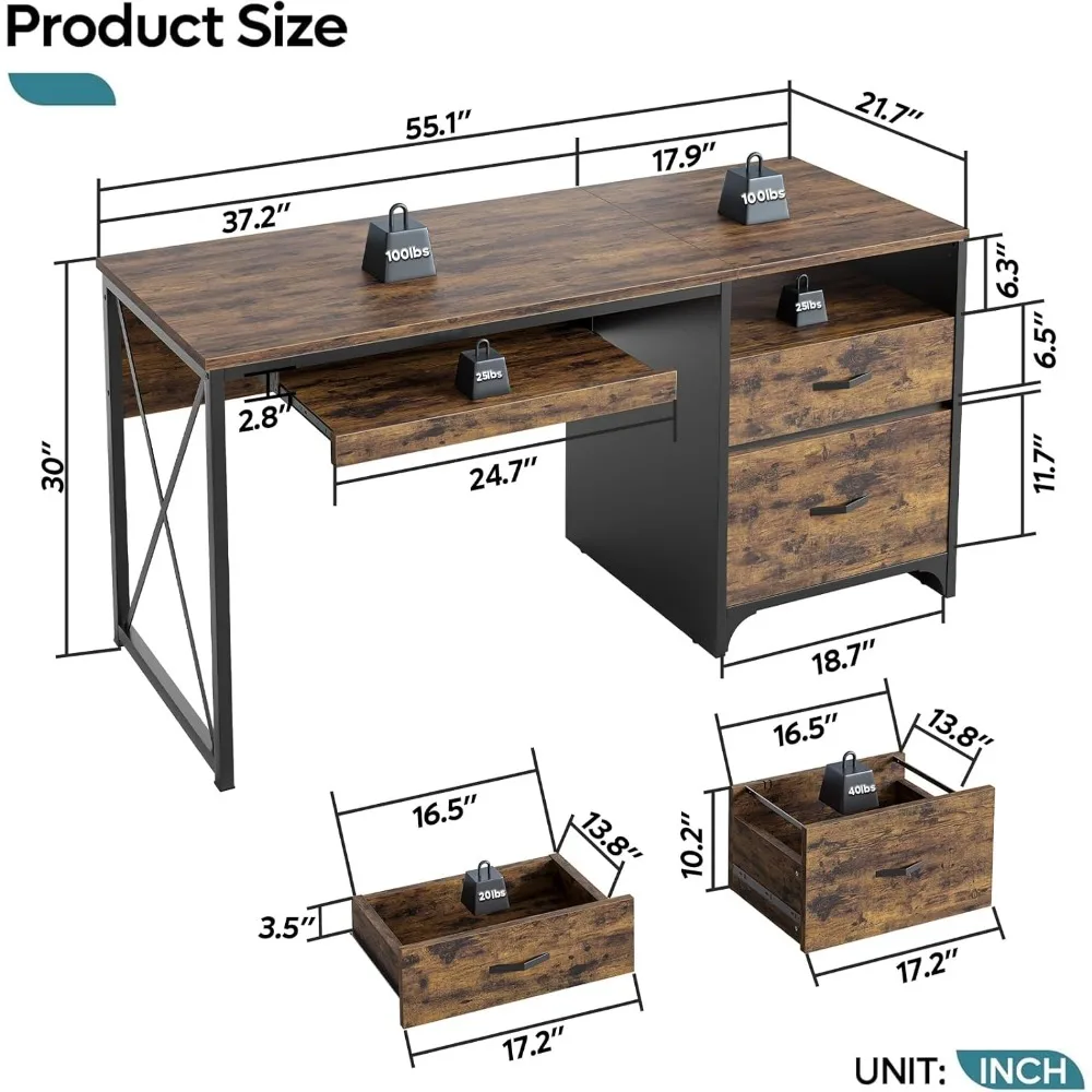 Office Desk with Drawers, 55 Inch Industrial Computer Desk with Storage, Wood Teacher Desk with Keyboard Tray & File Drawer