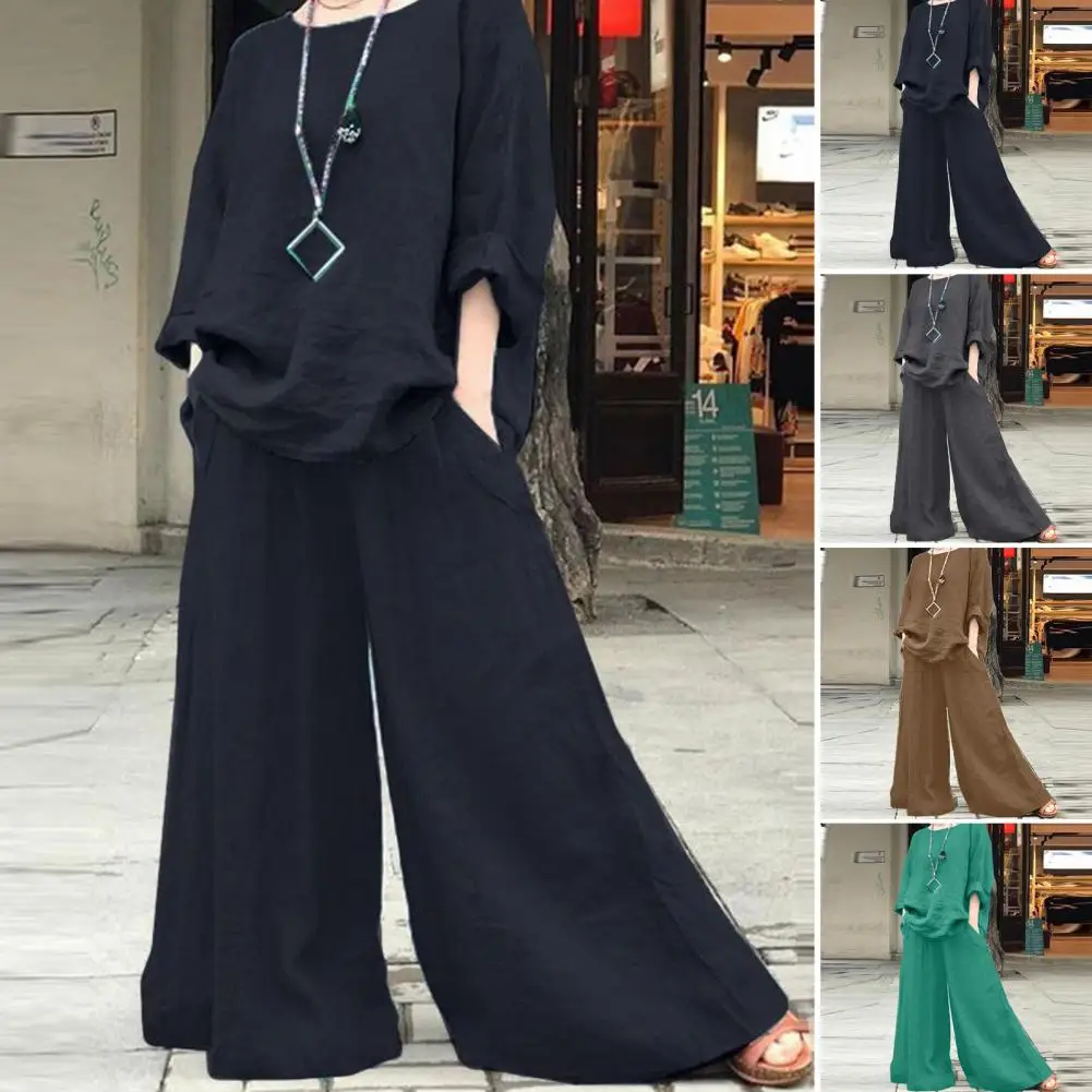 2 Pcs/Set Women Top Pants Set O Neck Long Sleeve Loose T-shirt Wide Leg Deep Crotch Pants Plus Size Mid-aged Top Culottes Set