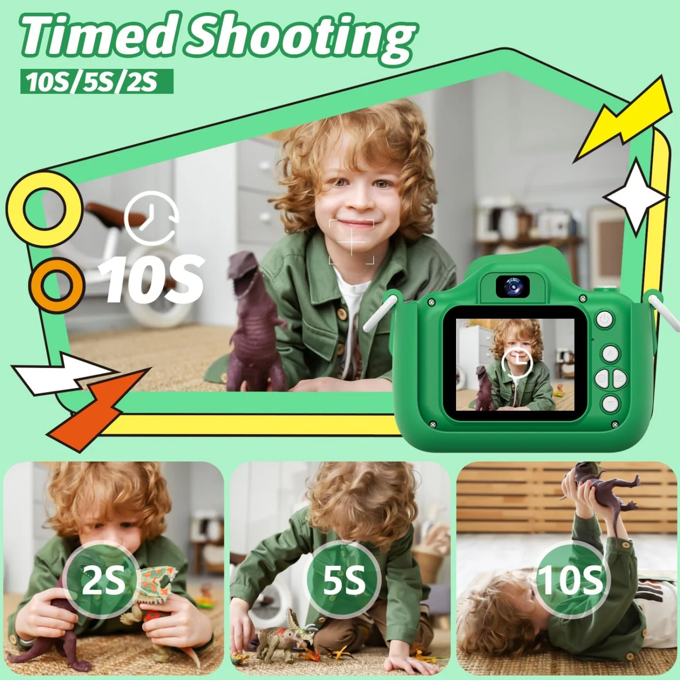 INOCTI Cámaras para niños, serie de dinosaurios, cámara de vídeo digital para niños pequeños, juguetes para regalos de cumpleaños de Navidad