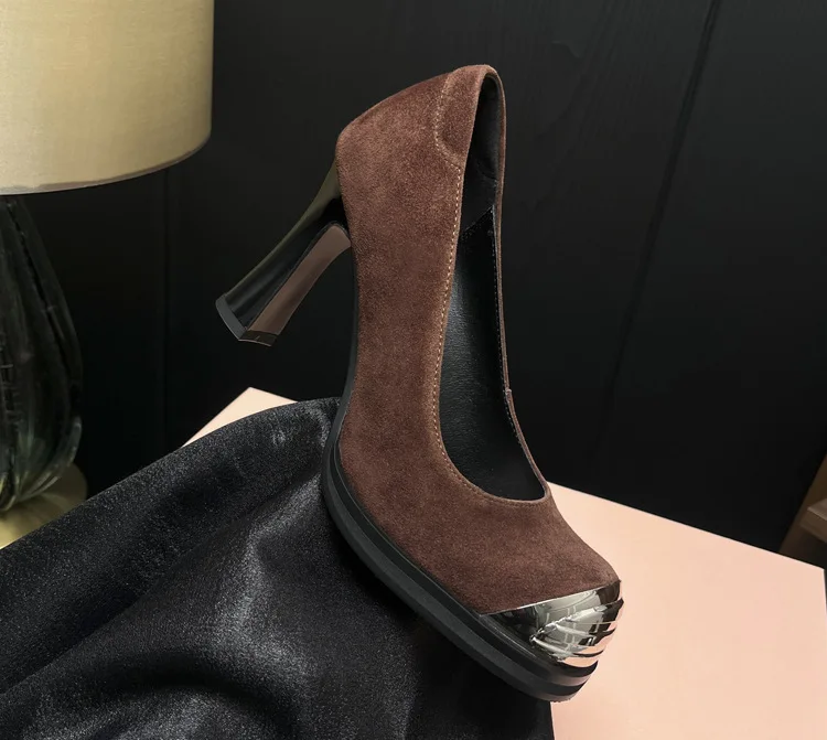 Y2K Metal Round Toe Black And Brown Women Pumps Shoes Chunky High Heels Slip On Design Shallow Marry Jane Shoes