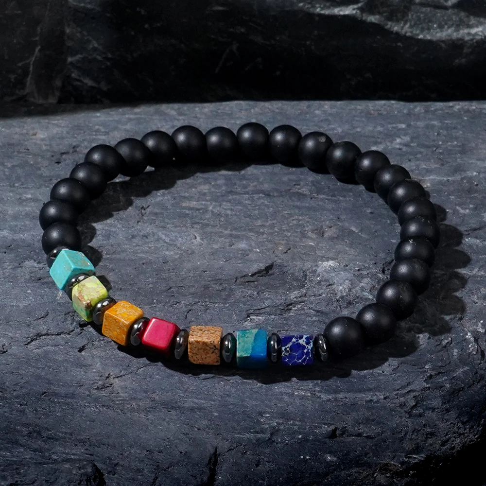1PC Bohemian style 4 * 4mm square imperial stone 6mm frosted glass round bead bracelet, suitable for men and women to wear