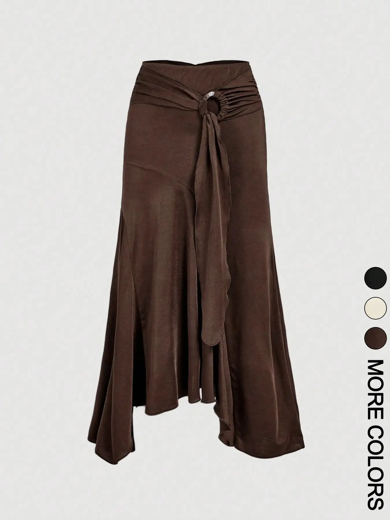 Ladies High Waist Midi Skirt with O-Ring Belt Detail Asymmetrical Gathered Hem And Fish Tail Design for Women