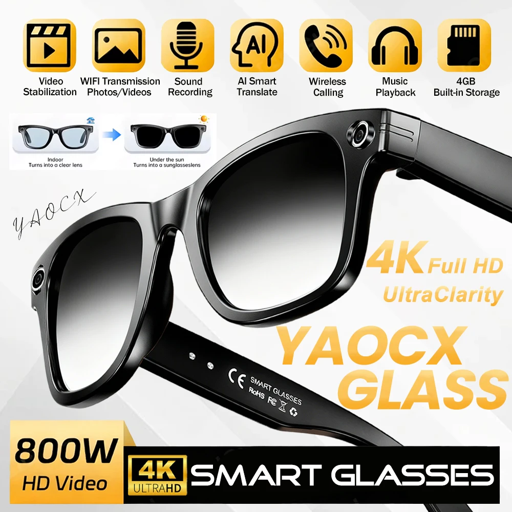 

2026 New 800W AI Camera Smart Glasses Color-Changing Men Translation Glasses Waterproof Call Photo Video Recording Sunglasses