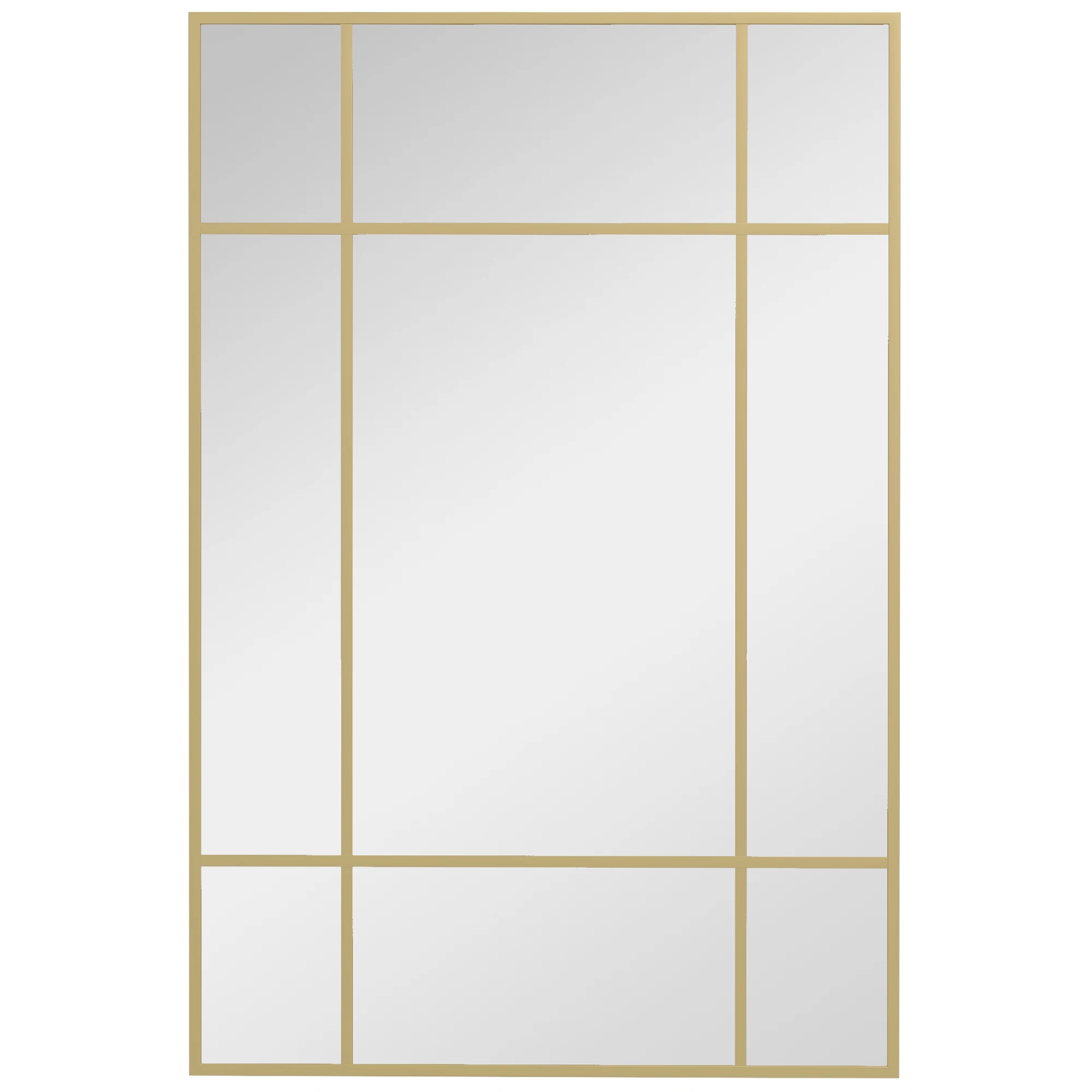 Miroir mural verrière rectangulaire style fenêtre, horizontal ou vertical avec 4 crochets, en métal doré - 90x60 cm