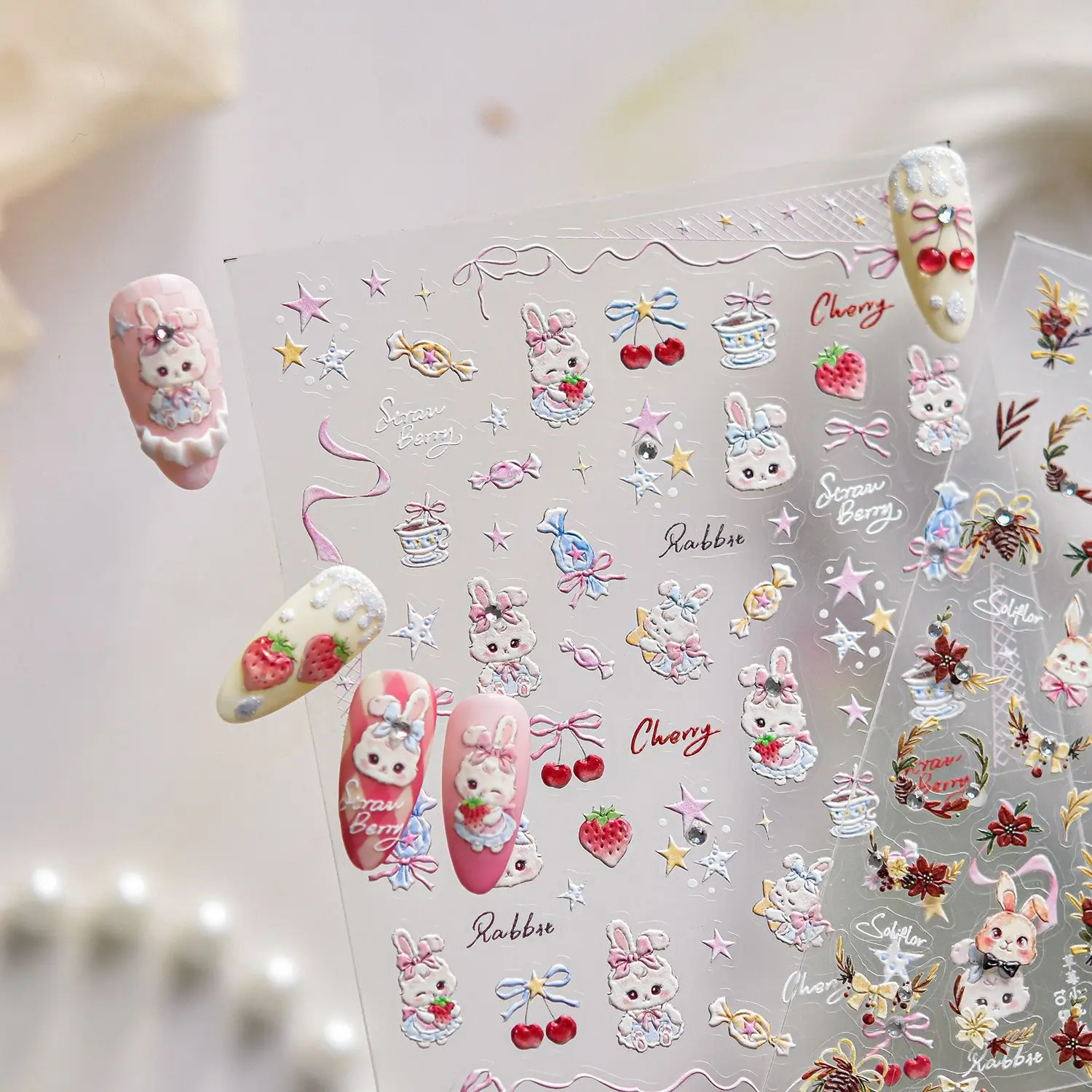 스위트 래빗 가든 네일 데코레이션 스티커 5D 크리스탈 다이아몬드 딸기 체리 네일 아트 스티커 DIY 매니큐어 데칼 부품