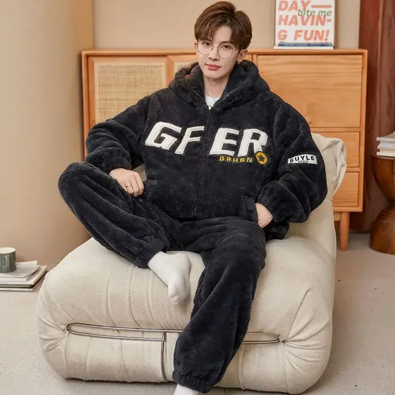 Pajama Men\'s Fall/winter Coral Velvet Homewear Set Flannel Teenage Boys with Velvet Thickened Can Be Worn Outside Tiger Hooded