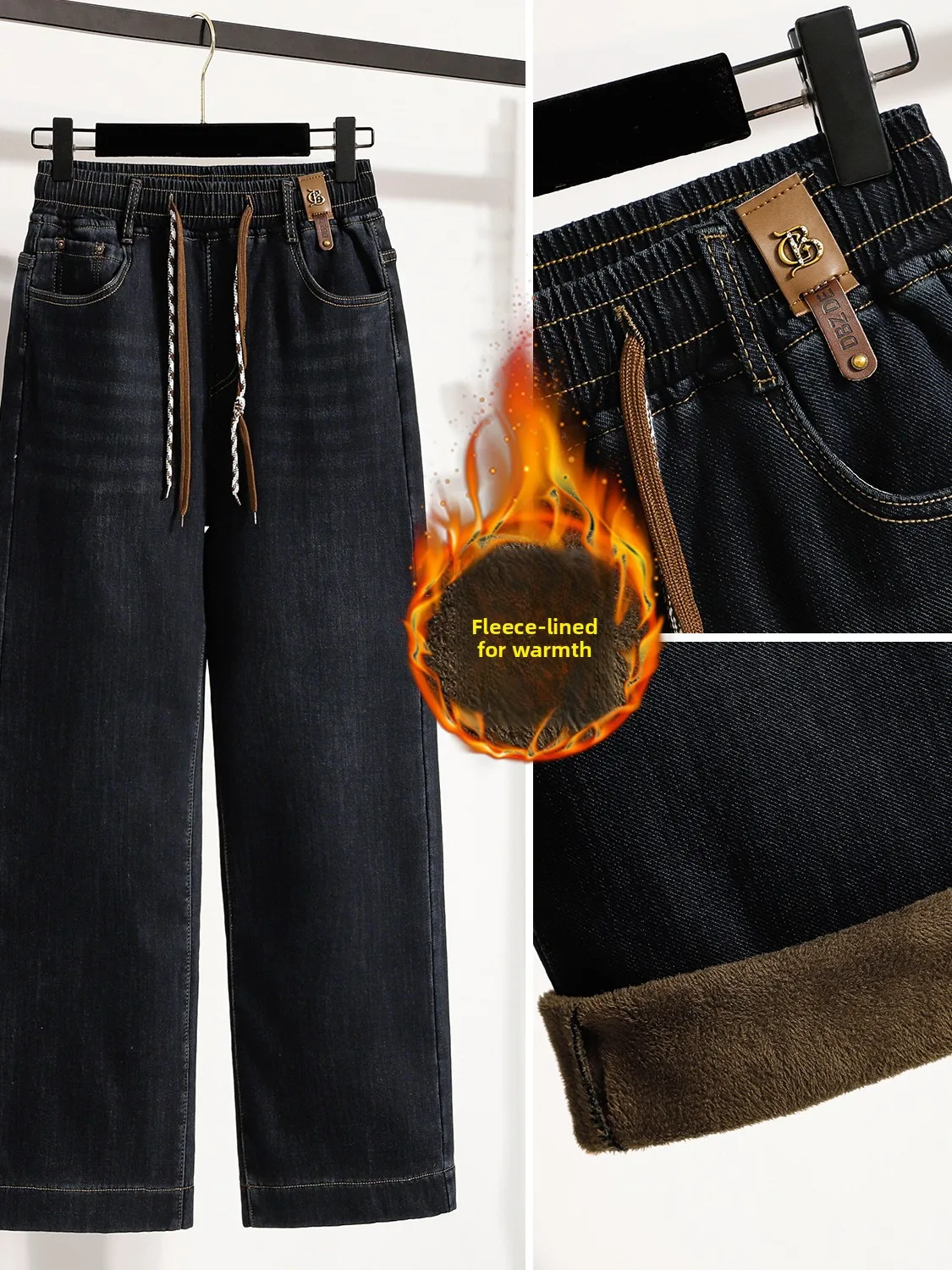

Thiened Fce Lined High Waist Elastic Casual Vintage Warm Denim Pants Straight Leg Long Trousers for Women Autumn Winter