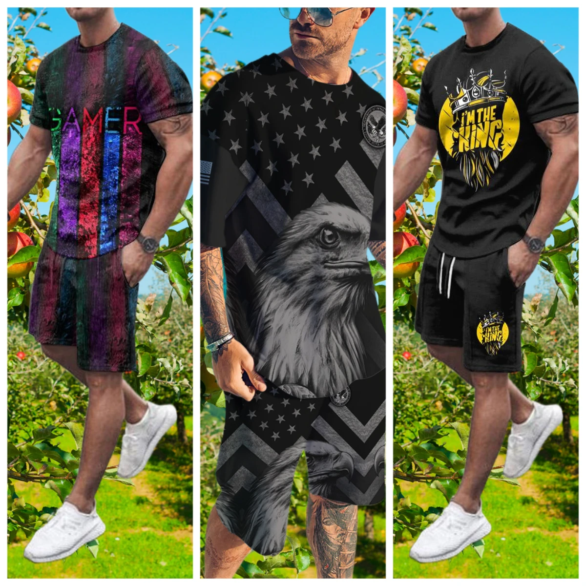 

Summer Men's Hot-selling Fashion Casual 3D Printing Men's Suit Breathable Quick-drying Comfortable Men's Crew Neck T-shirt Set