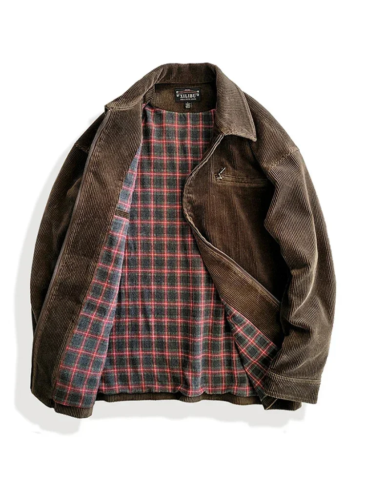 Amekaji Wear Clothes Men American Retro Corduroy Tooling Jacket Baggy Coat Leisure Washed-out