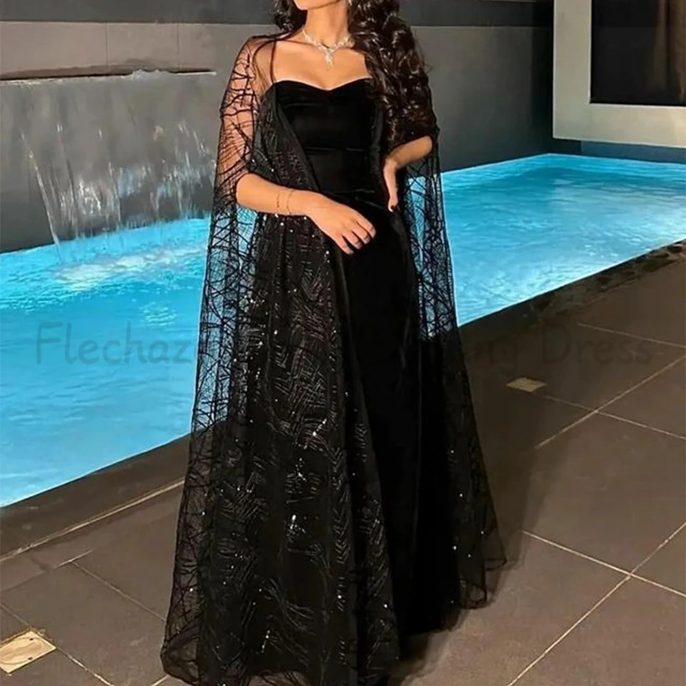 Flechazo Sweetheart Sleeveless Evening Dress Ankle Length A-Line with Tulle Black Sequin Lace Women Prom Custom Made Gowns