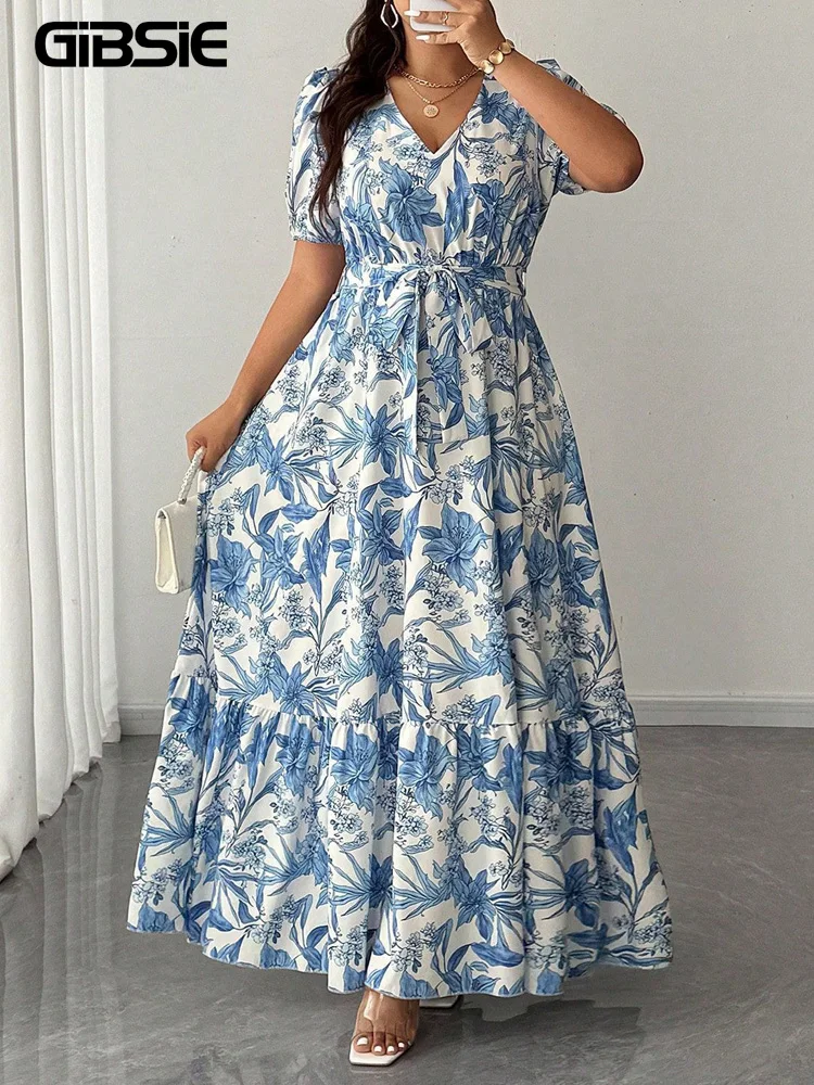 

GIBSIE Plus Size V-Neck Floral Print Ruffle Hem Belted Dress Women Vacation Puff Sleeve Boho Beach Summer Long Dresses 2026 New
