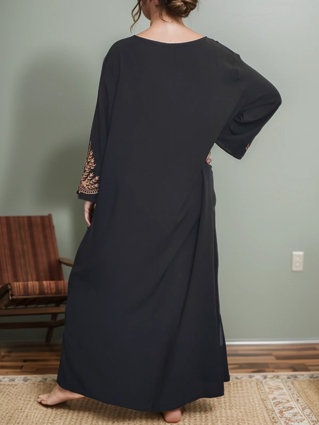 Pigiama da notte da donna di media lunghezza con maniche a sette quarti in stile bohemien ricamato con motivo casual elegante nero taglie forti