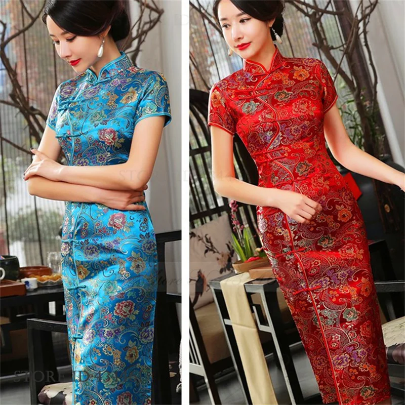 Plus Size Chinese Style Qipao Sexy Women Cheongsam Vintage Classic Mandarin Collar Chinese Dress Brocade Flower Long Vestidos