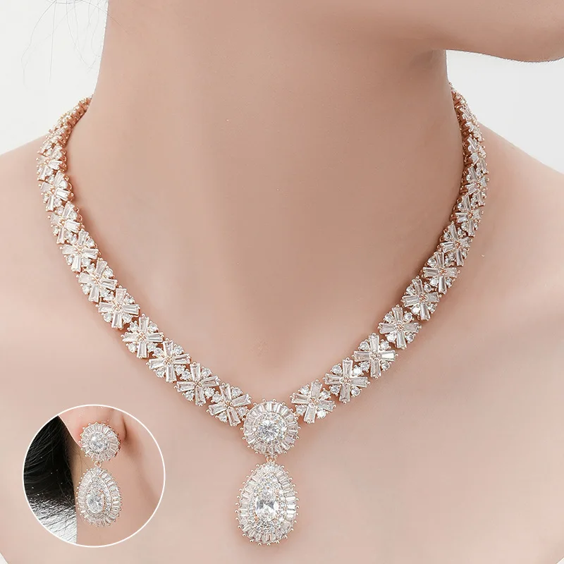 

3a Zircon Drop Pendant Necklace Two-piece Ear Clip Earrings Jewelry Bridal Set