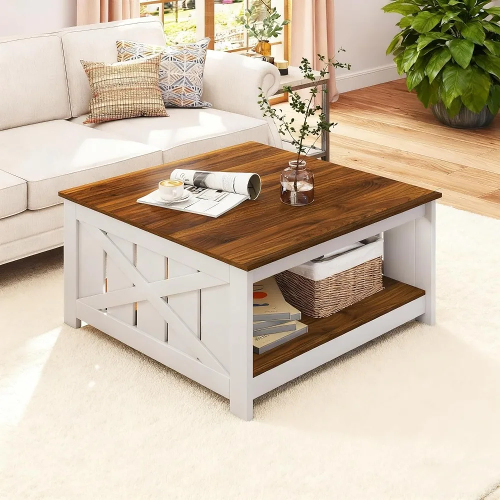 

Farmhouse Coffee Table, 31 Inch Square Wood Coffee Table with Storage Shelf, 2-Tier Vintage Center Table with Open Compa
