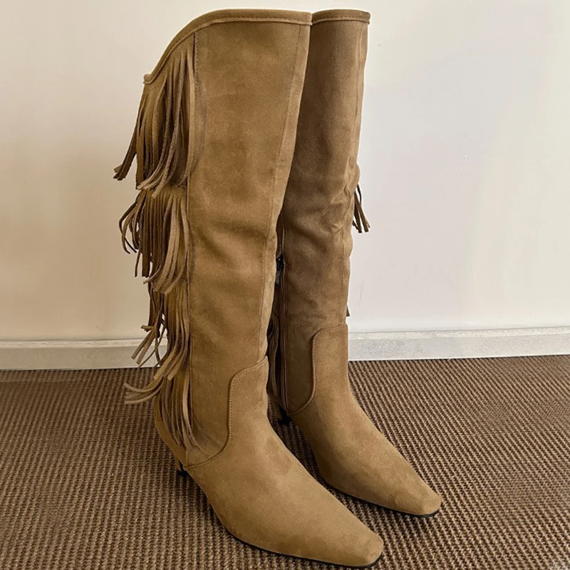 2026 autumn new cowhide suede pointed high-heeled women boots retro tassel boots Female  winter fashion street knight boots