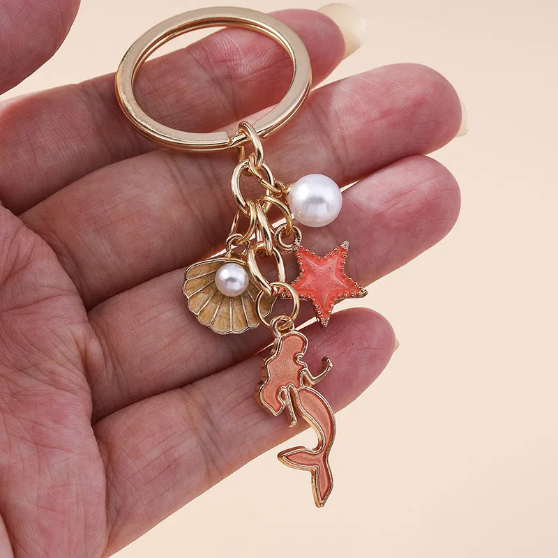 Aihua New Enamel Pearl Shell Starfish Mermaid Keychain Beautiful Sea Beach Pendants For Keyring Handmade DIY Jewelry Gifts