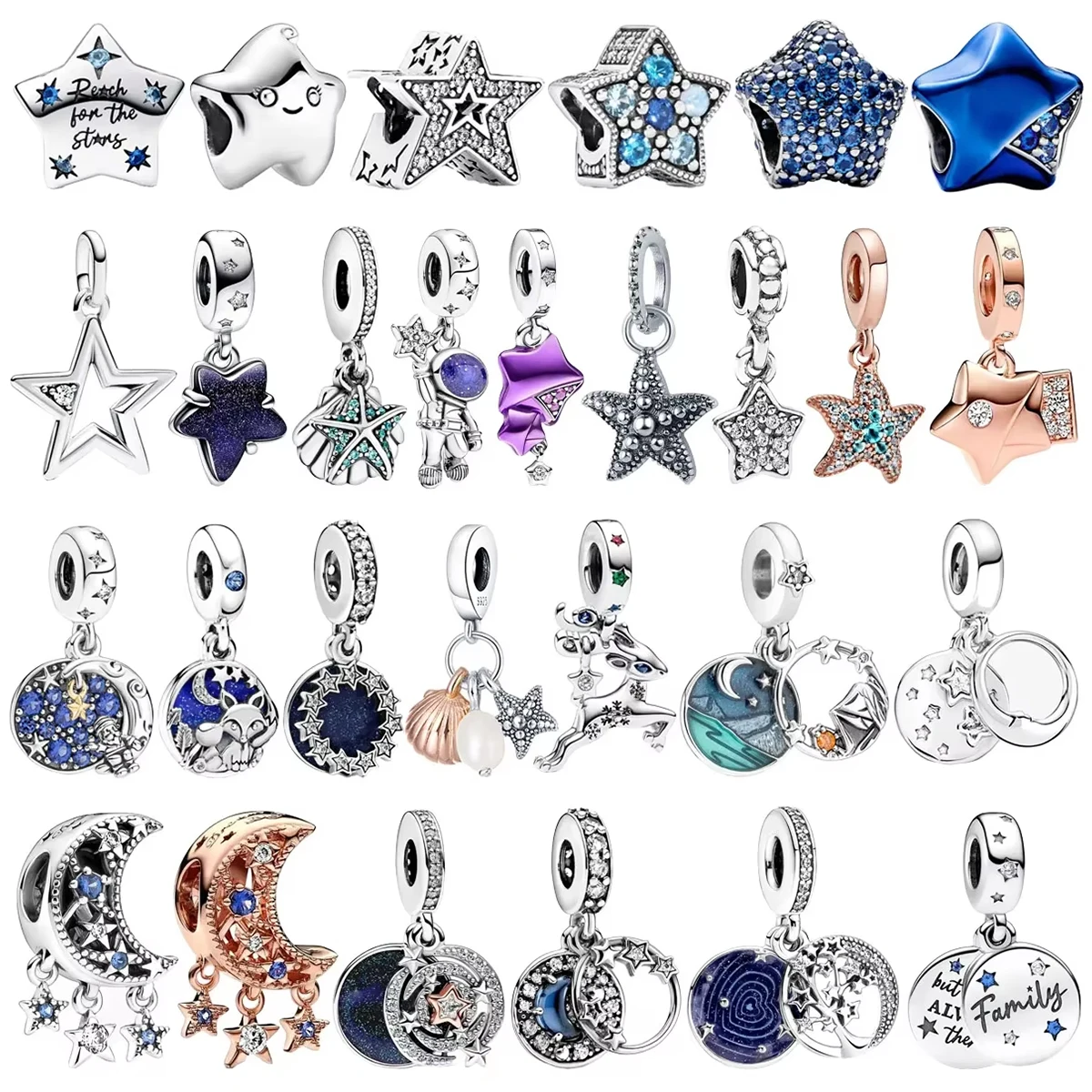 Original 925 Silver Plated Blue Stars Moon Earth Animals Tree Astronauts Bead Pendant for DIY Bracelet Ladies Jewelry Gift