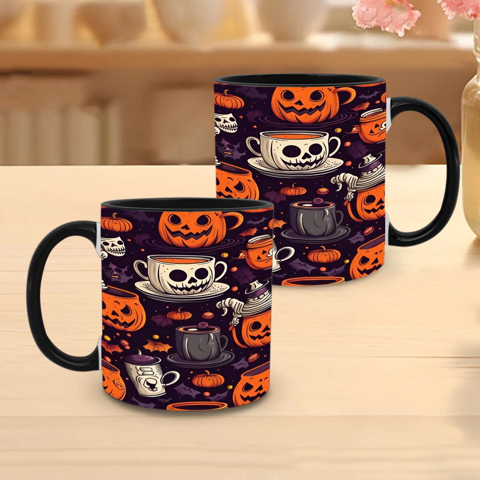 1pc 11Oz Halloween Skull Ceramic Mug with Spooky Jack-O'-Lantern And Bat Print - 11Oz Cup Suitable for Parties, Autumn Decor, Fall Gifts, Tea, And Gatherings