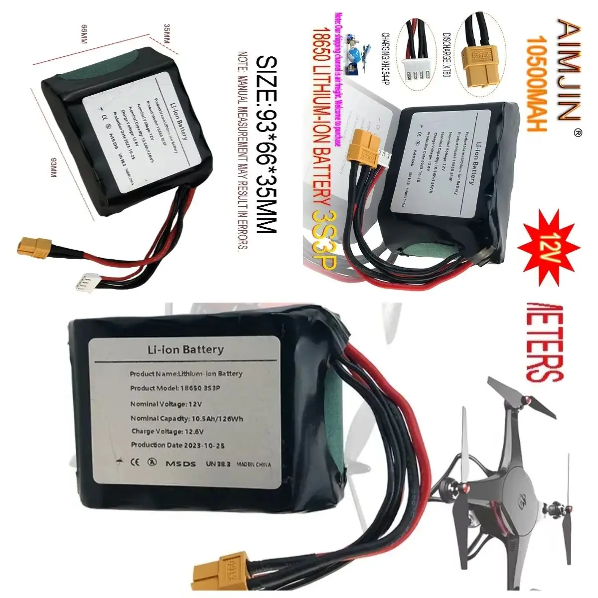 

12V 10.5Ah 12.6V High Capacity UAV Rechargeable Li-ion 3S3P Battery for Parrot Disco Various RC Airplane Quadrotor