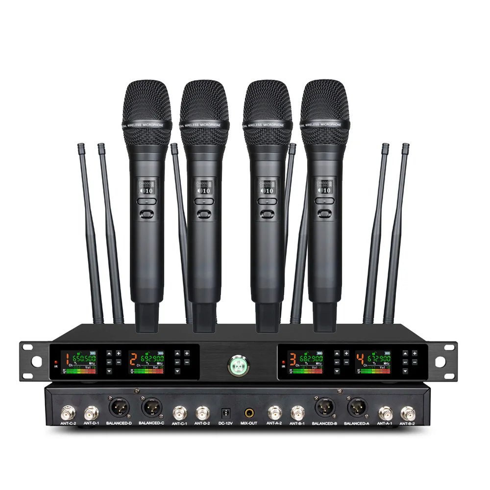 

True Diversity 200 Meter Distance Stable signal Four Channel 8 Antenna Uhf Wireless Microphone