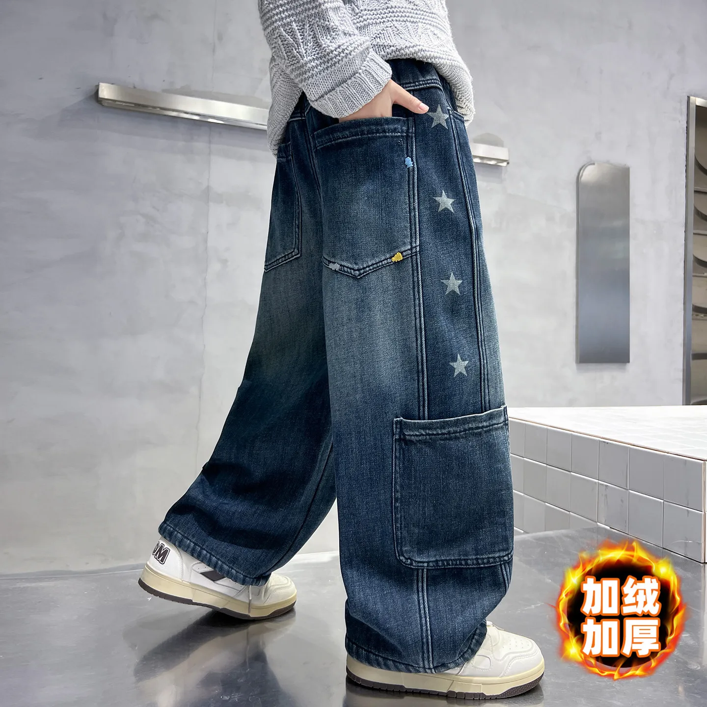 Boys Hip Hop Star Print Cargo Jeans Kids Fleece Lined Wide Leg Denim Pants Elastic Waist Warm Streetwear Trousers Blue 5-14Y