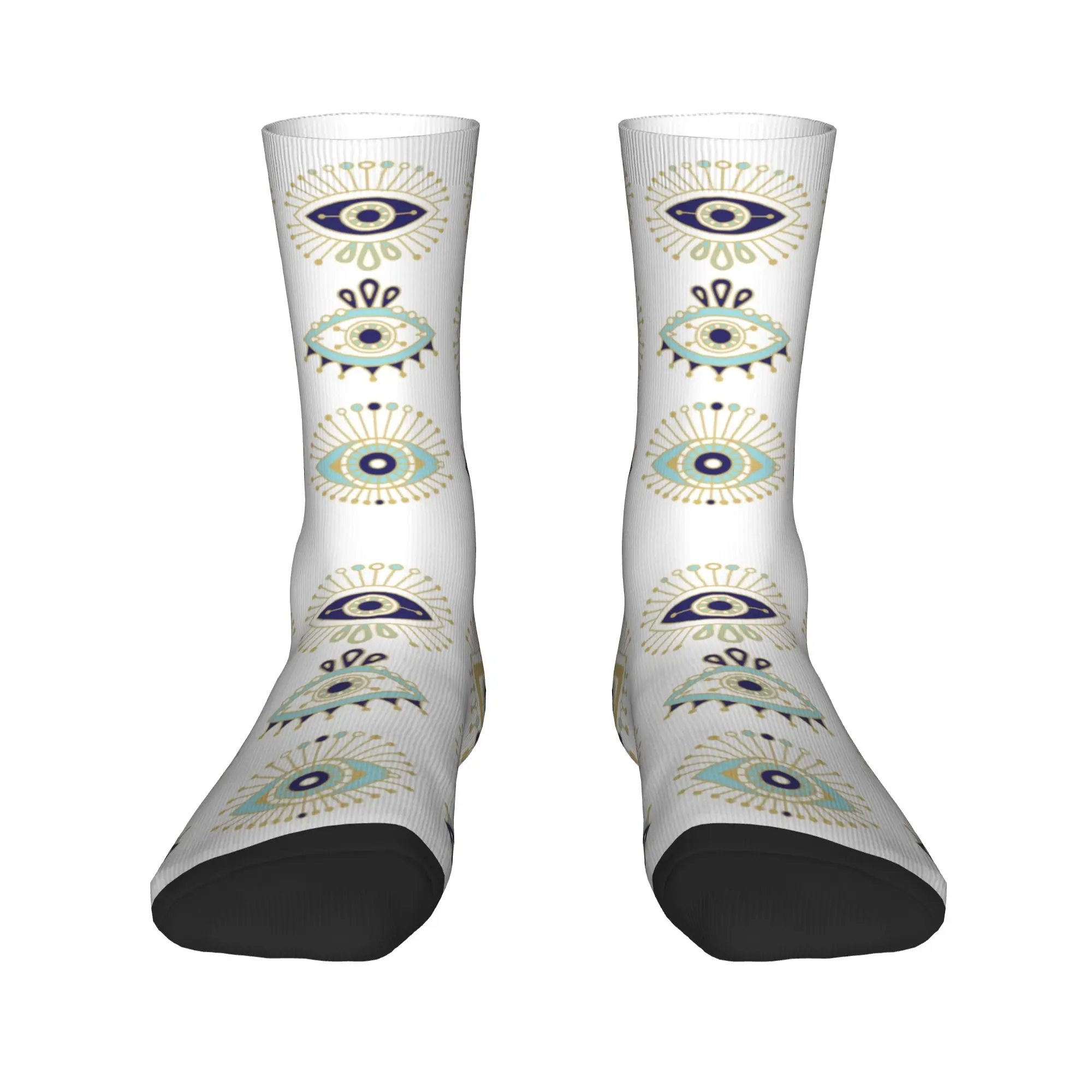 Printed Turkish Evil Eye Collection On White Socks Stretchy Summer Autumn Winter Nazar Amulet Hamsa Boho Bohemian Crew Socks view 2