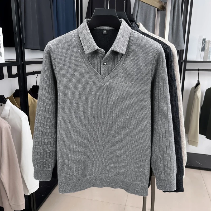 럭셔리 남성용 신상 가을 겨울 페이크 투피스 스웨터 라펠 자수 두꺼운 보온 니트웨어 레저 남성 의류 상의