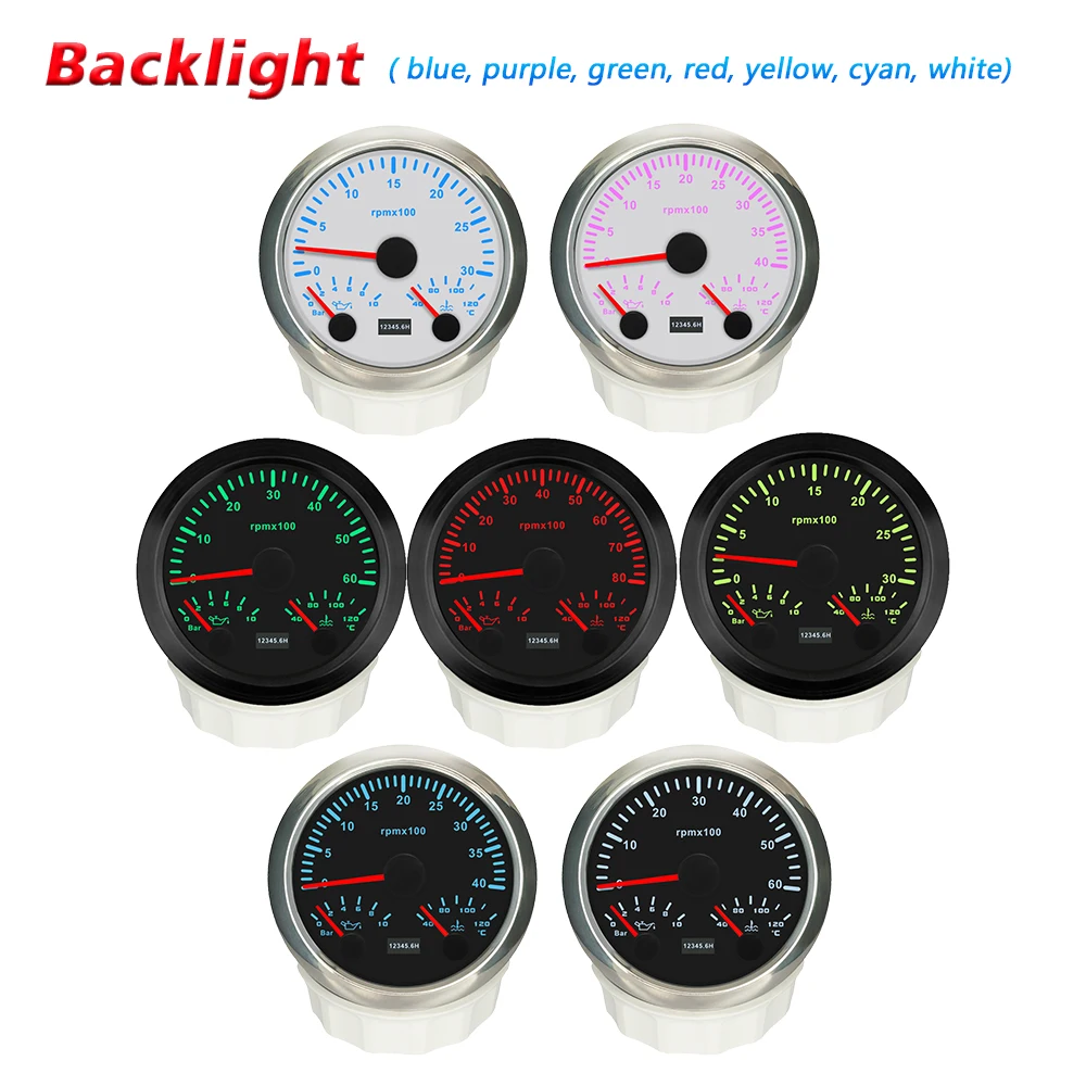 Rhaxel 85mm Tachometer 3000 4000 6000 8000 RPM with Oil Pressure Water Temperature Gauge with 7 Colors Backlight for Cars Boat