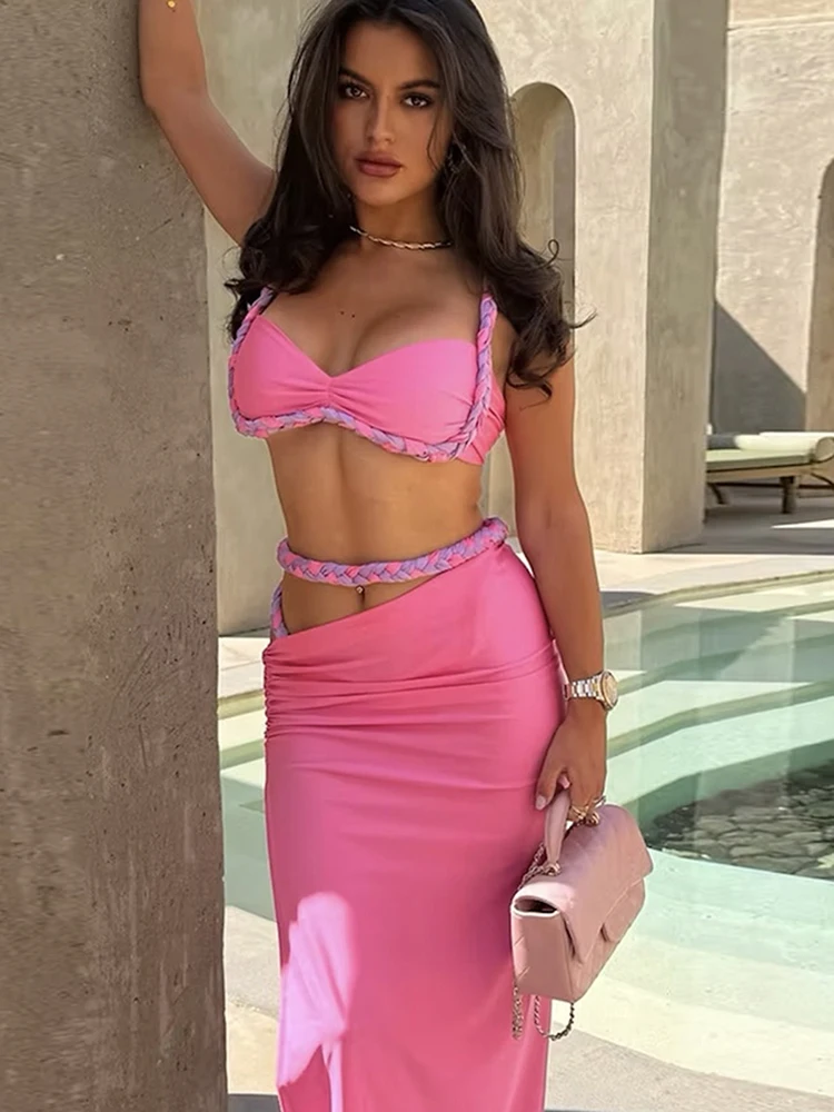 Conjunto de 2 peças de plait para festa de praia, conjunto de 2 peças, conjunto de sutiã feminino, skinny, saias, bandagem de fenda lateral, tendência de férias com ruched