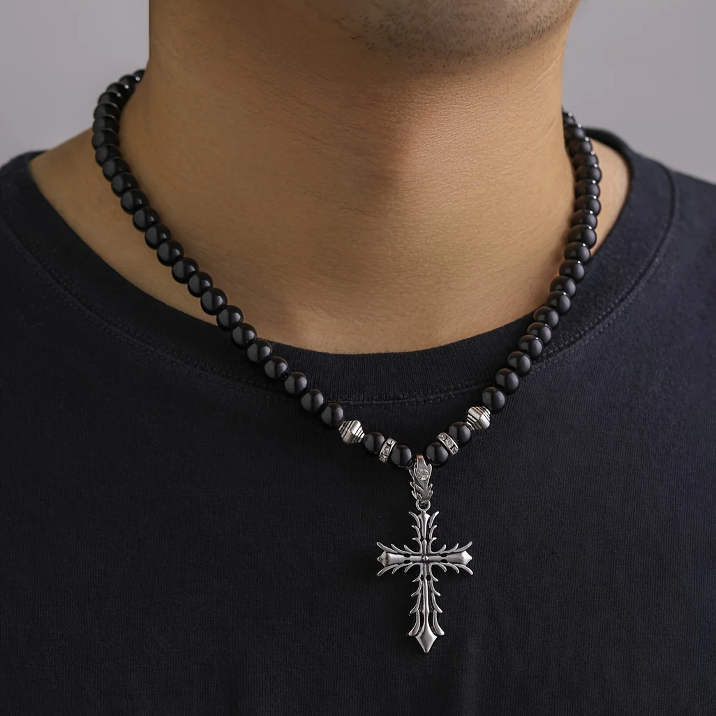 Super Cool Thorns Cross Pendant Necklace with Black Beads Chain Awesome Accessory Gift for Men