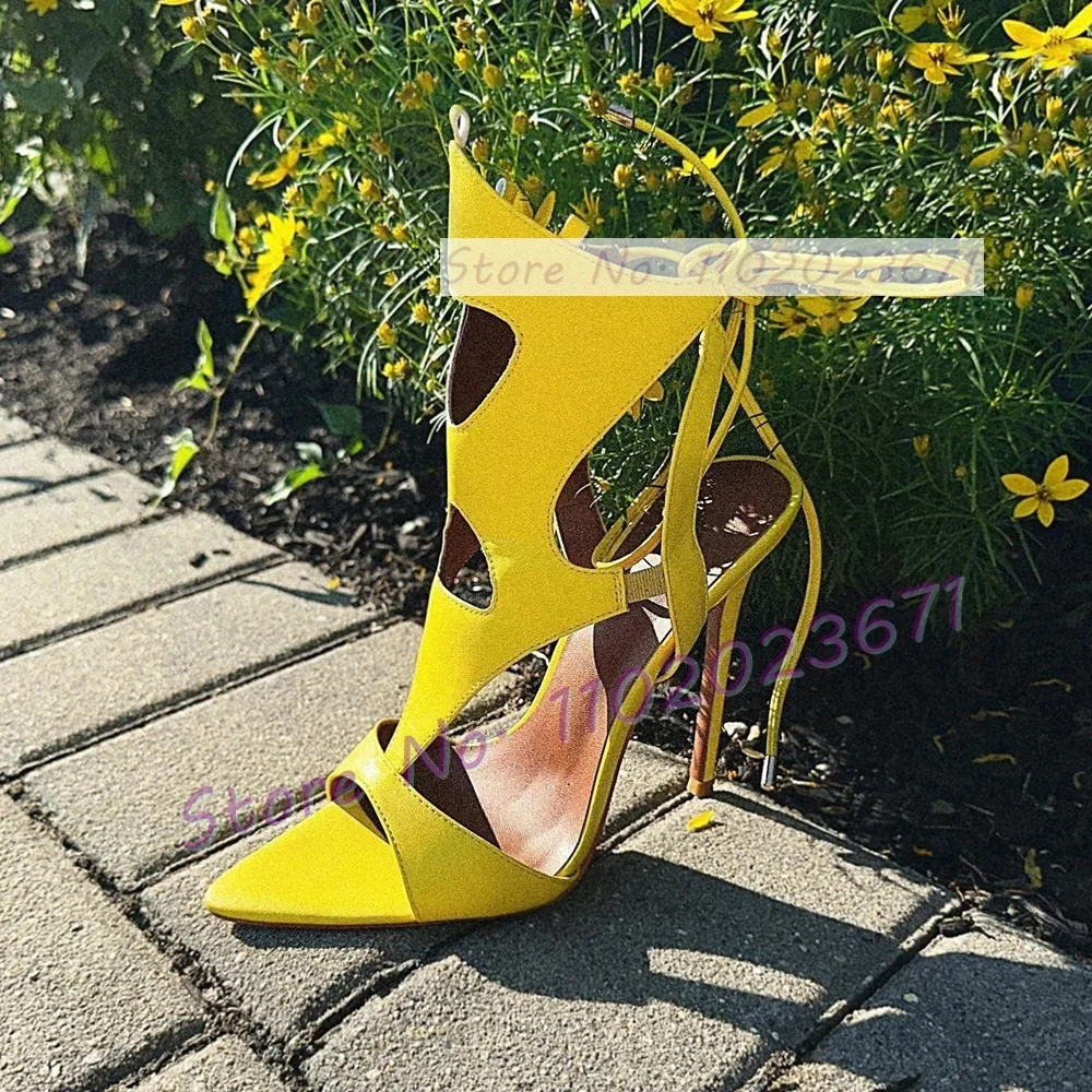 Yellow Sexy Pointed Toe Gladiator Sandals Women Trendy Cutout Lace Up High Heels Sandals Girls Party Chic Nifty Streetwear Shoes