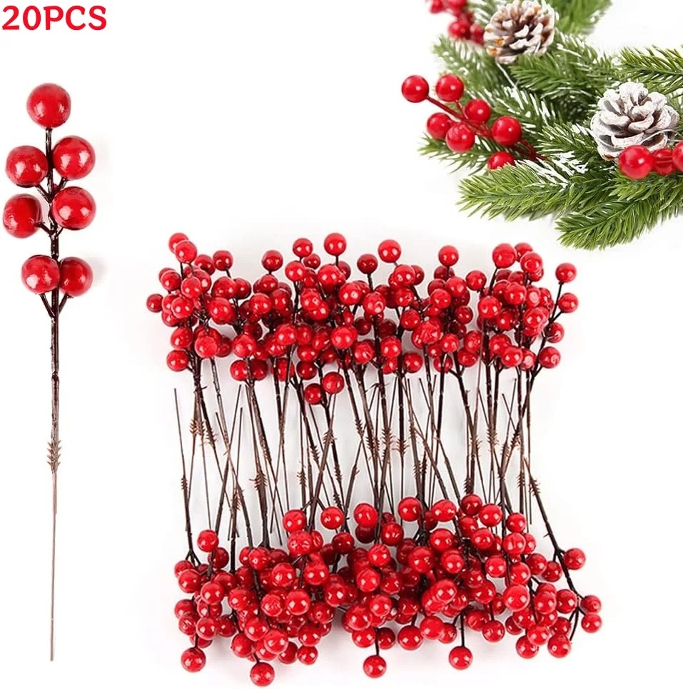 

20Pcs Artificial Berries Christmas Decor Red Berry Branches Xmas Tree Party Home Table Ornaments Red Fruit Wreath DIY Gift