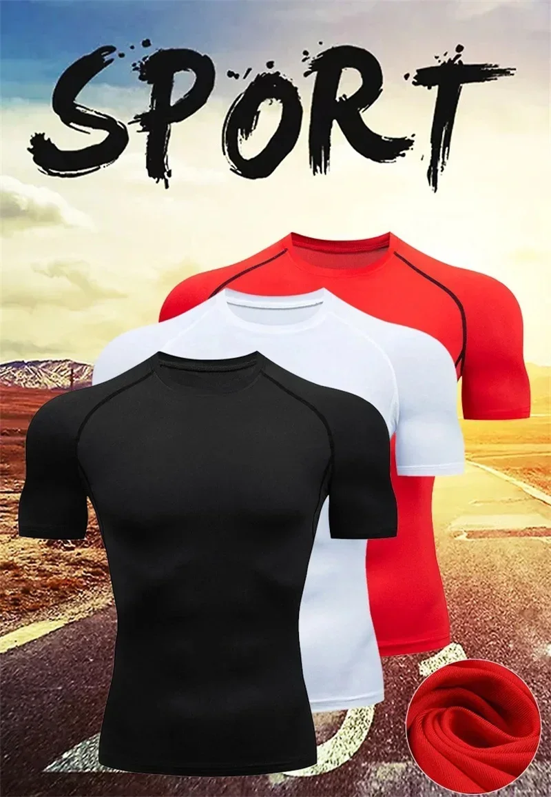 New Print Short Sleeve Compression Shirts For Men Athletic Quick Dry T-Shirts Tops Gym Workout Rash Guards Baselayer Undershirts