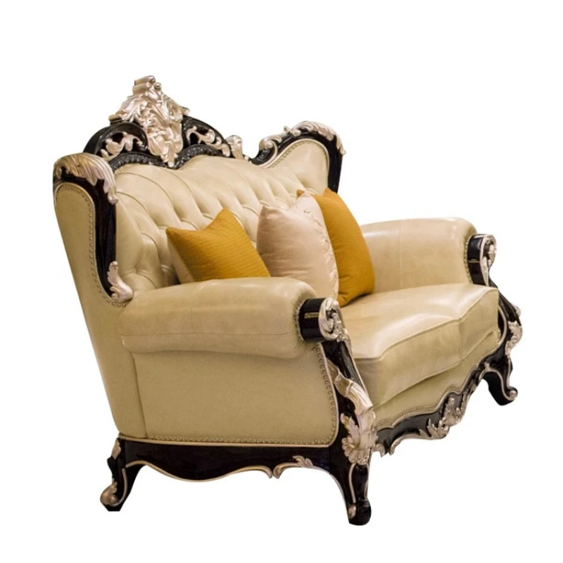 

Luxury living room furniture solid wood carving flower leather 321 sofa combination