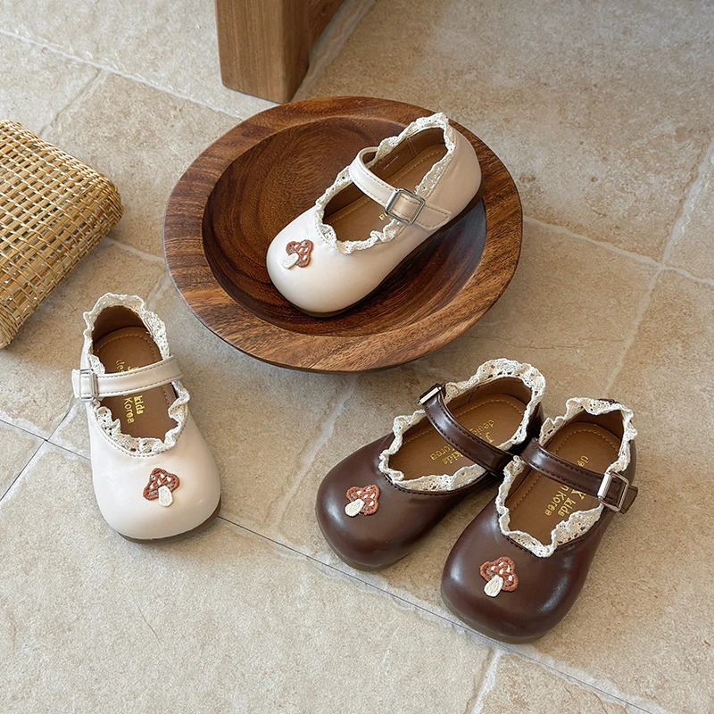 

2026 New Children's Flat Shoes Sweet Lace Ruffled Edge Girls Leather Shoes Non-slip Soft Kids Causal Princess Mary Jane Shoes