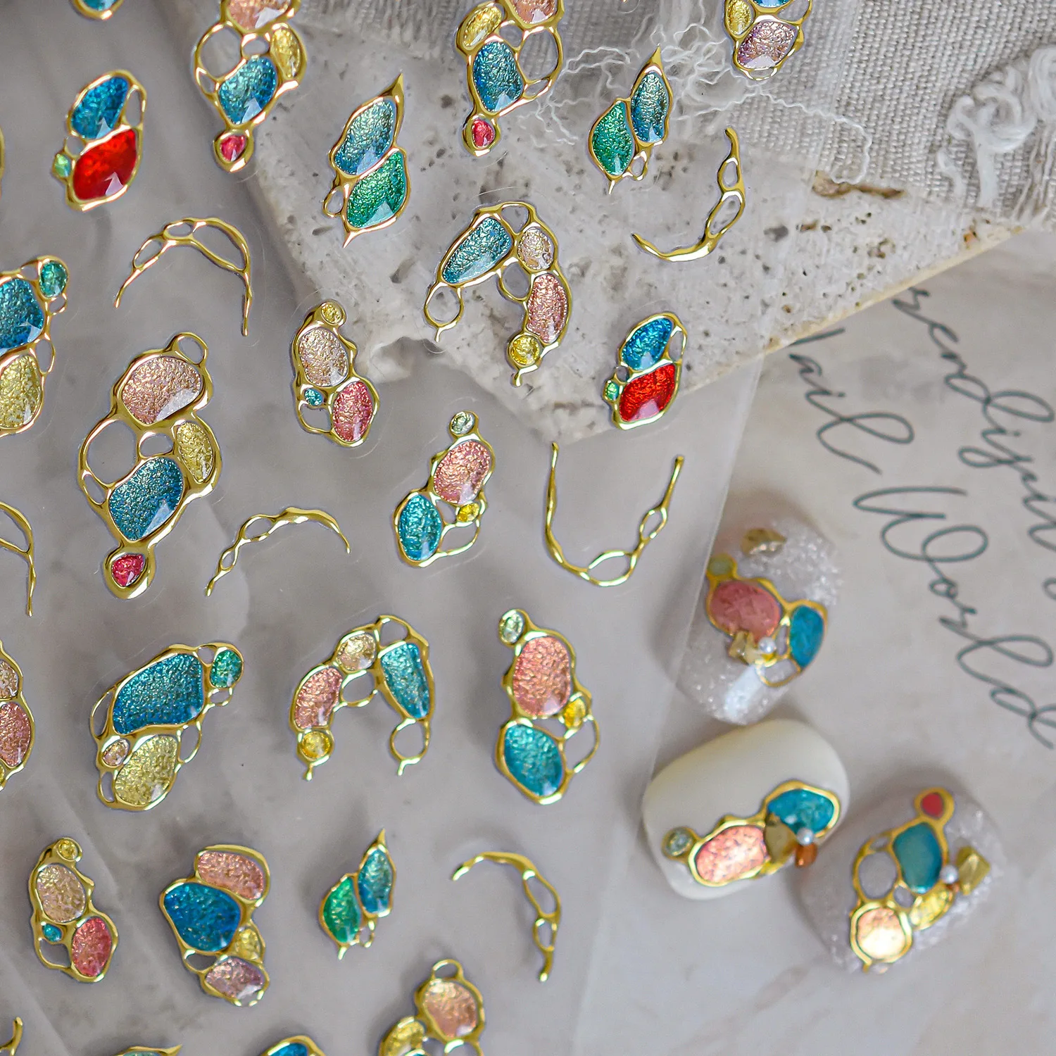 Beauty Colored Enamel Gemstone 5D Nail Sticker Irregular Hollow Frame Self-adhesive Nail Decoration Sticker Nail Accessories DIY