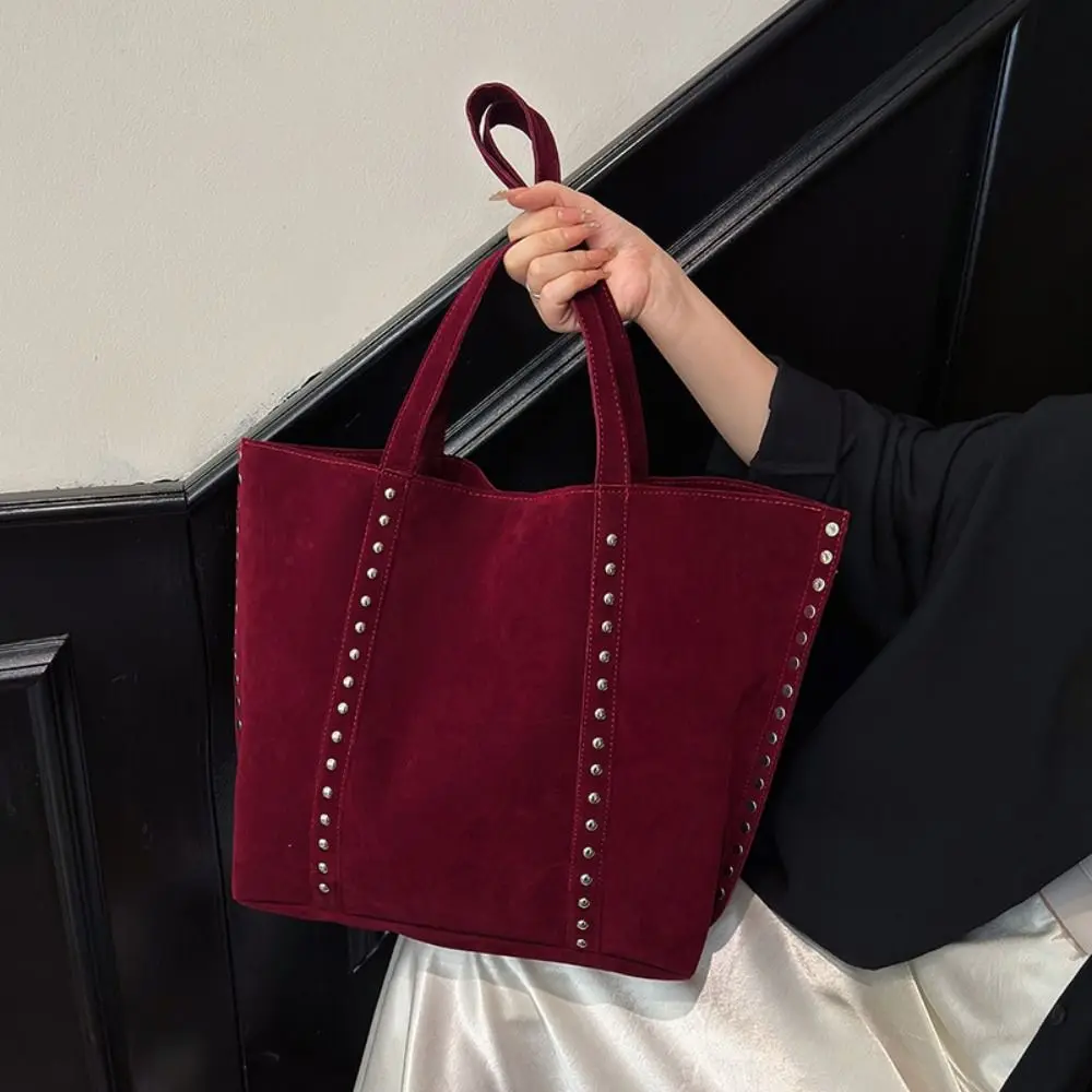 Korean Style Suede Rivet Tote Bag Solid Color PU Leather Suede Leather Shoulder Bag Fashion Large Capacity Underarm Bag Travel