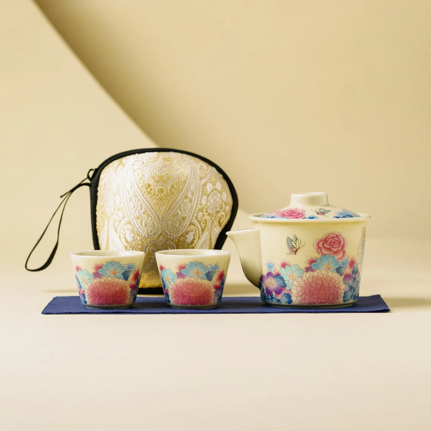 Brocade Butterfly Cover Gaiwan Bowl Ceramic Travel Tea Set Outdoor Portable Quick Cup Multicolor Luxury Gift One Bowl Two Cups