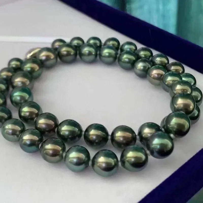 

Fine 12-13mm Natural Pearl Necklace for Women Round Black Peacock Green Beads Wedding Party Jewelry Gifts Silver Clasp