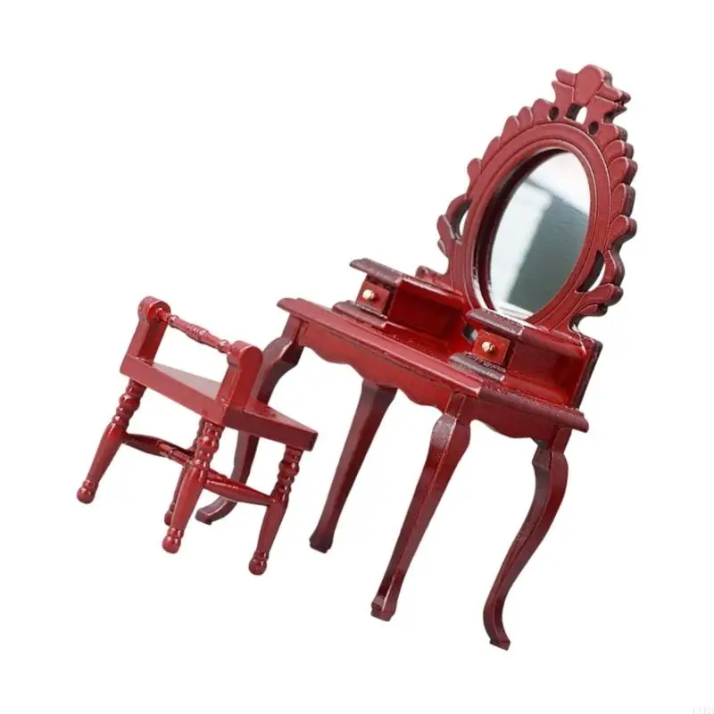 드레서 테마 1/12 스케일 모델 가구 나무 드레싱 테이블 좌석 장식 세트 L8RB