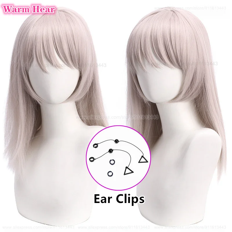 

Anime Fami Synthetic Wig Long 50cm Grey Pink Straight Cosplay Wig With Earring Kiga Heat Resistant Hair Party Wigs + A Wig Cap