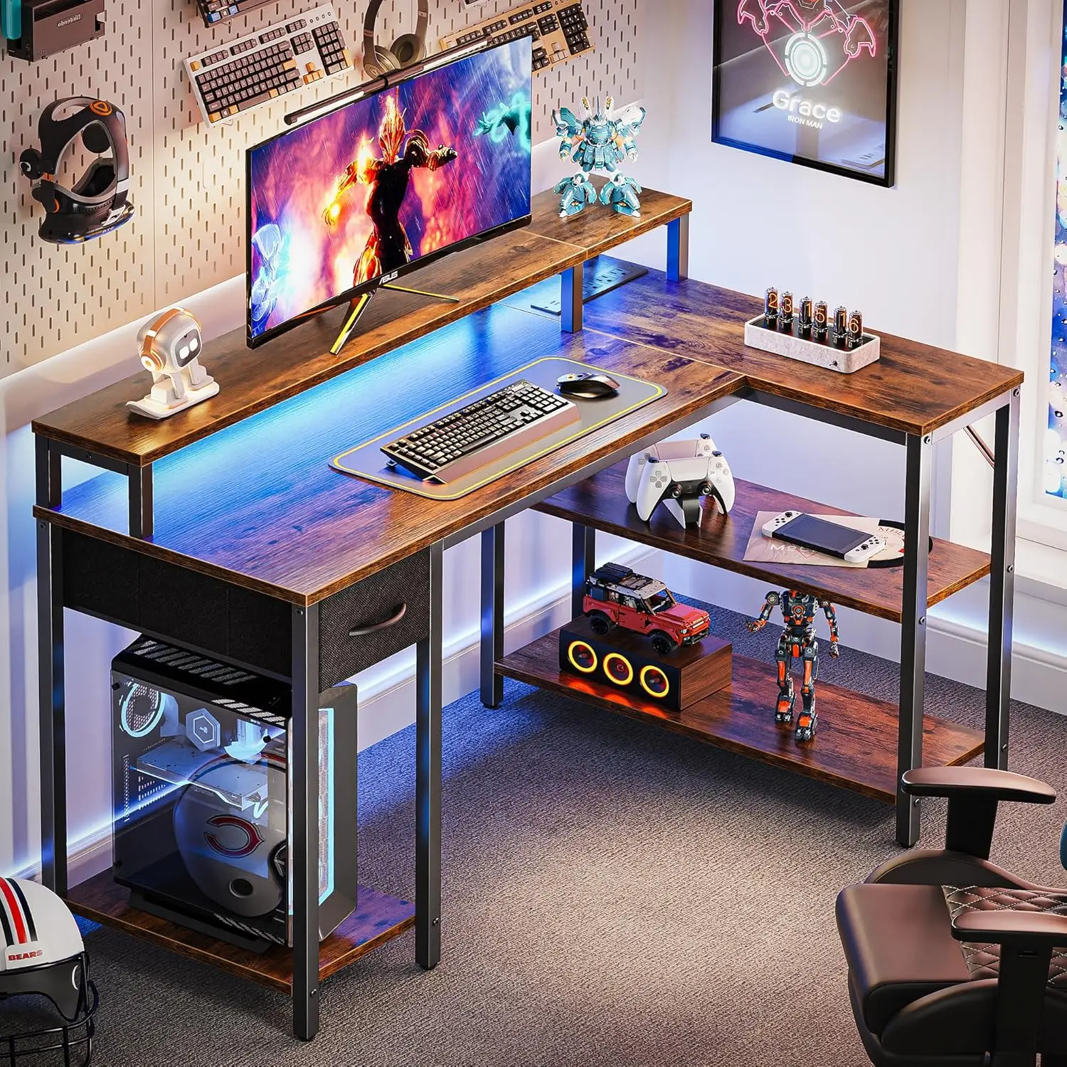 47 inch Reversible L Shaped Desk with LED Lights & Power Outlets, Computer Desk with Shelves & Monitor Stand, Gaming Desk