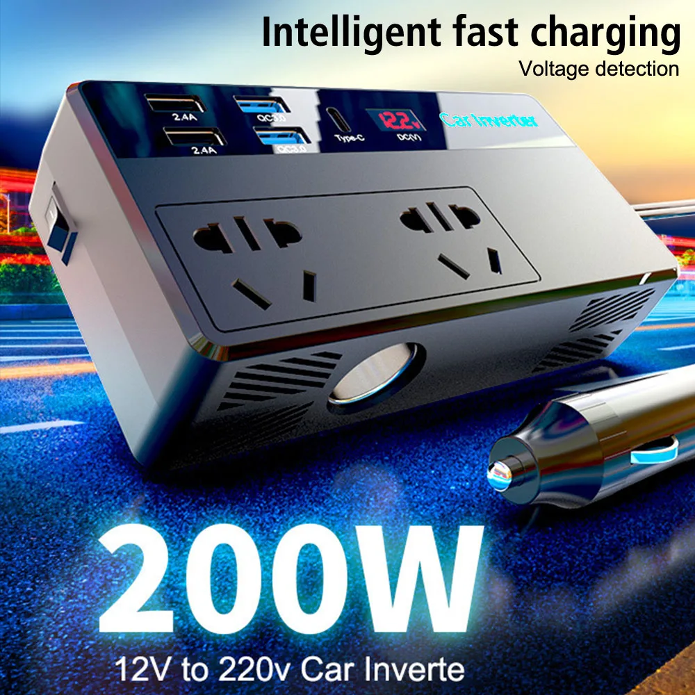 200W Storage Battery Inverter DC 12V to AC 220V With Voltmeter Switch 6+2 Type-C USB Chargers 3.0 AC Power Socket Car Inverter