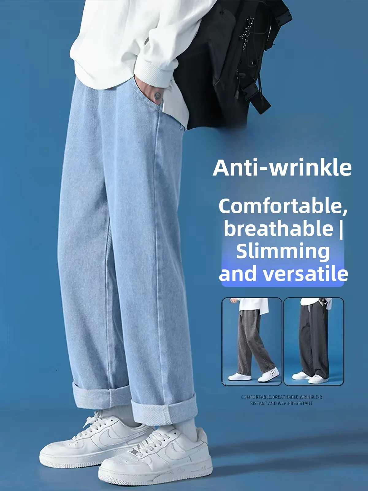Blue Slim Straight Leg Jeans Women's Autumn Winter New Large Size Small Height Drape Wide Leg Floor Length Pants