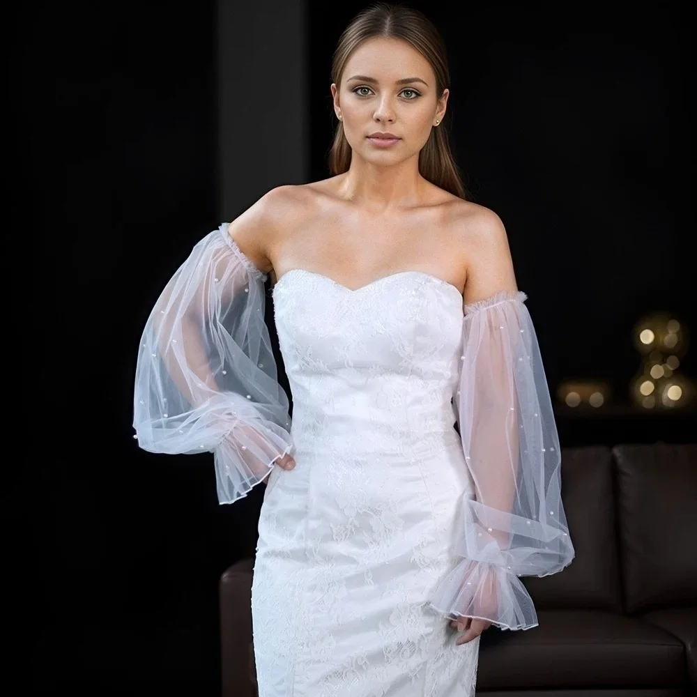 

Декоративные рукава для свадебного платья с жемчугом, эластичные съемные рукава-манжеты, пышные тюлевые рукава для вечеринок