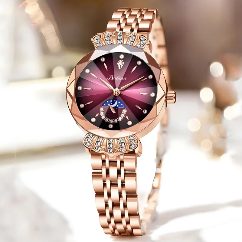 Fashionable Rose Gold Women's Solid Steel Strap Waterproof Watch with Clasp