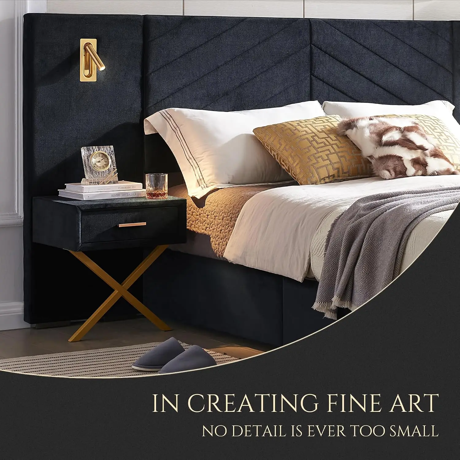 Queen Bed Frame Velvet Upholstered Headboard Wall Sconces Nightstands Metal Wood Squeak-Free No Box Spring Black, Customized